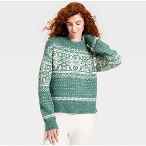 Women's Long Sleeve Cozy Alpine Snowflake Crewneck Pullover Sweater